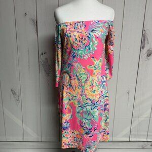 Lilly Pulitzer Laurana Off-Shoulder Dress Coral Reef Seacret M EUC